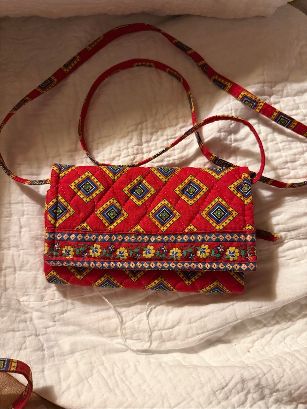 Vera Bradley Quilted Crossbody in Red with Multicolor Geometric Print